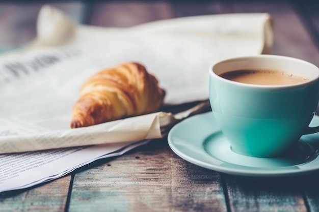 Foto tazza da caffè con giornale sul tavolo rustico verde acqua colazione accogliente