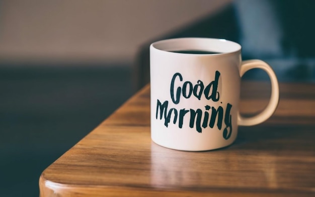 A coffee mug with the text Good morning on the mug