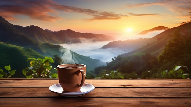 Coffee mug on the wooden background with beautiful sunset and mountain view