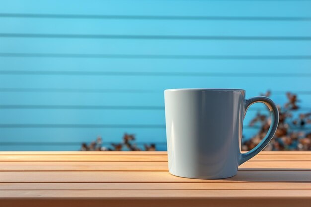 Coffee mug on wooden table set against a serene blue backdrop