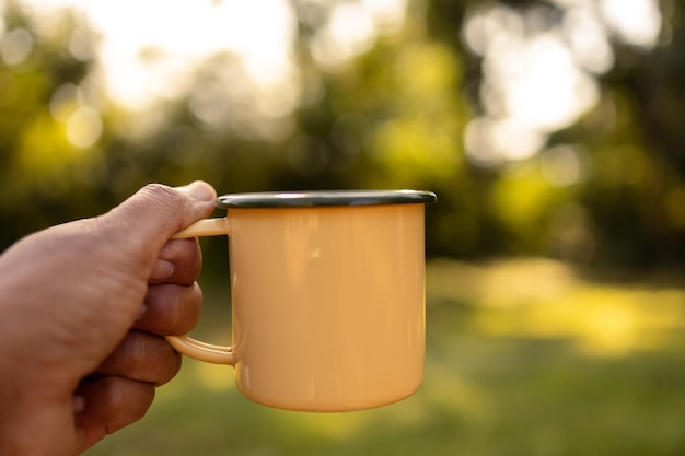 裏庭と朝の日差しのコーヒーマグ。