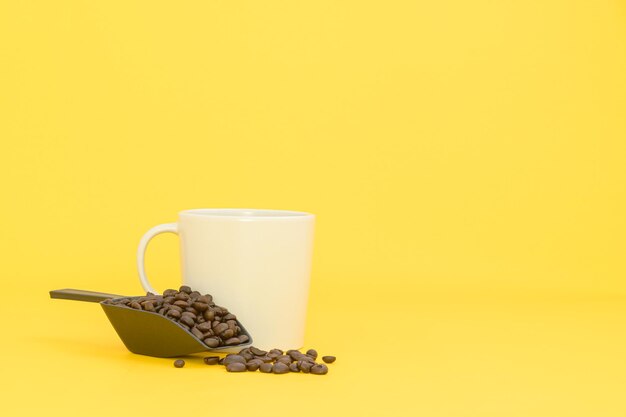 Coffee mugs and coffee beans, energy drinks