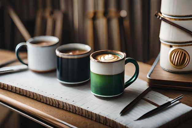 coffee mugs on a desk with a book on the table