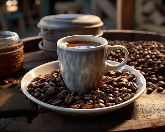 coffee mugs Fresh coffee beans grown locally on an old wooden table Gener Generative ai