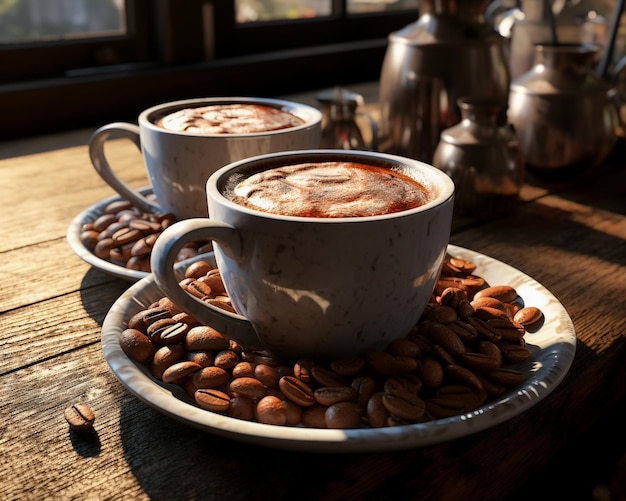 커피 머그 오래된 나무 테이블에서 현지에서 자란 신선한 커피 콩 Gener Generative ai