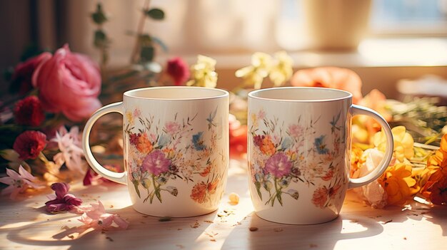 Photo coffee mugs sitting on top of a table