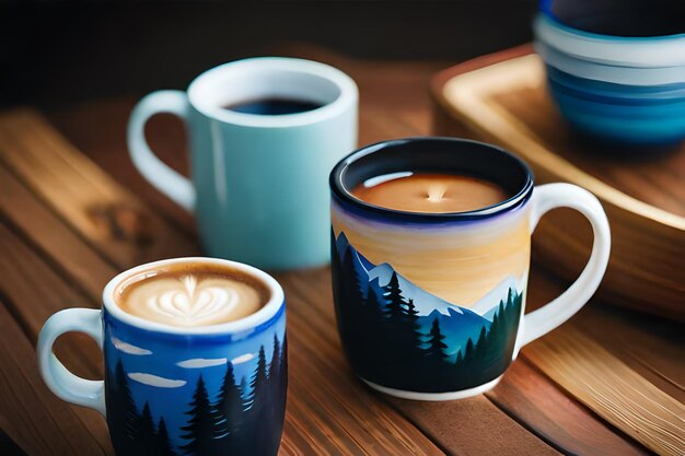 coffee mugs with a mountain view on the top.