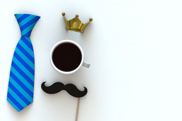 Photo coffee, mustache and crown on white