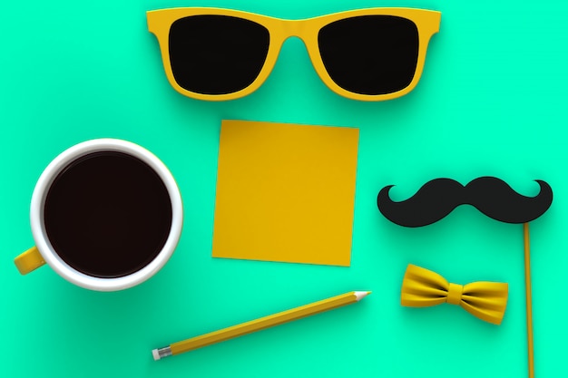 coffee, mustache and glasses on green,