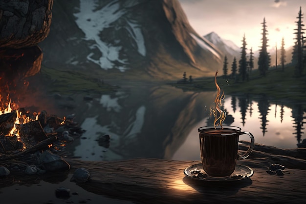 Coffee in nature big mountains fire and coffee