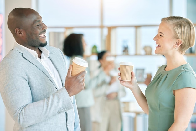 Coffee office and business people talking laugh and happy in discussion funny conversation and chatting Social networking communication and black man and woman laughing drinking and share joke