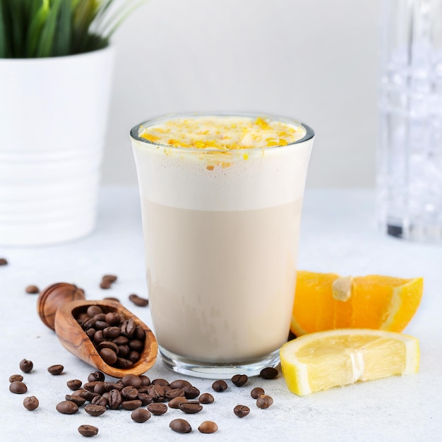 Кофе и апельсиновый коктейль, молочный коктейль в пластиковых стаканчиках на ярком фоне.