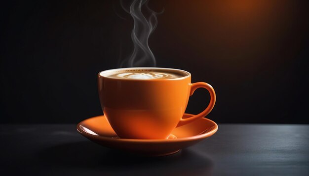 A coffee in a orange cup with a dark background