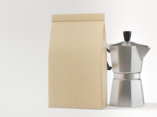 Photo coffee paper bag with hot water kettle