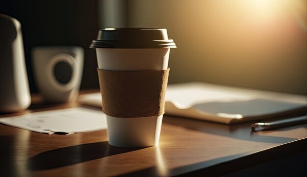 Coffee Paper cup of morning hot coffee for take away on table from cafe shop sunlight Generative AI