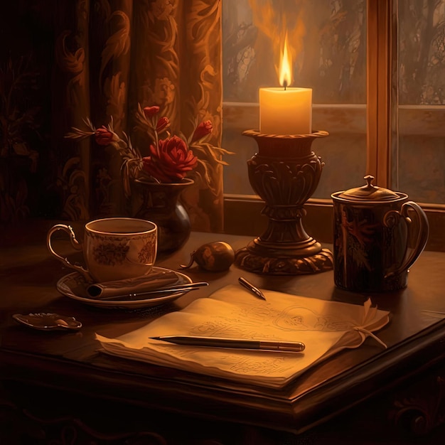 coffee and a pen sitting next to a candle in an old writing desk