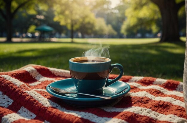 Coffee on a picnic blanket in a park