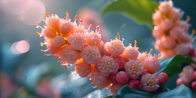 꽃과 열매를 가진 커피 식물은 꽃에 선택적으로 초점을 맞추고 있습니다.