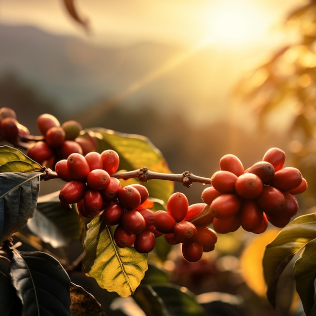 Coffee plant with sun in the background