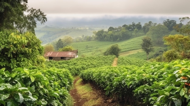 Coffee plantation Landscape with coffee trees Generative AI