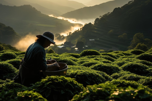 Photo coffee plantation in mountains with harvesting farmer generative ia