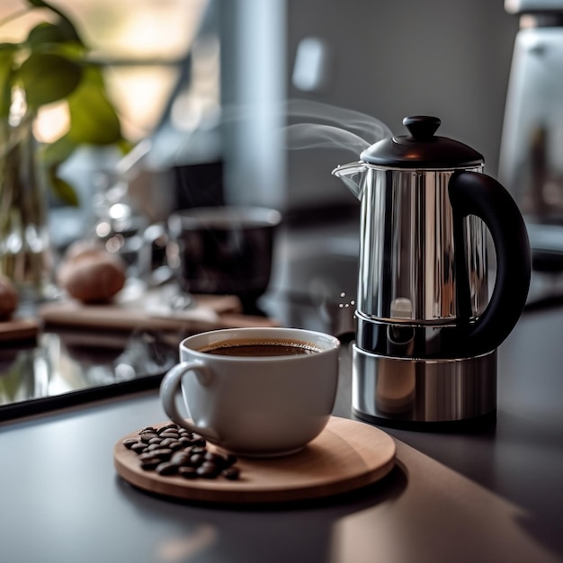 A coffee pot and a coffee pot on a counter with a plant in the background.