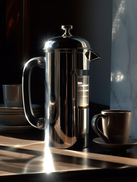 A coffee pot and a cup on a table with a black background.