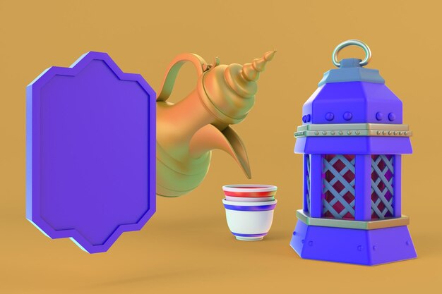 Coffee Pot and Frame Front Side View In Ramadan Themed Background