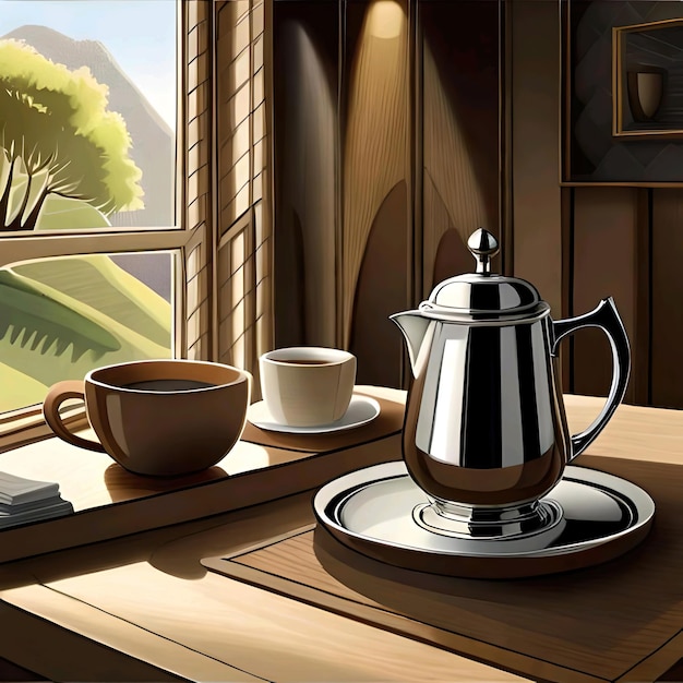 A coffee pot and saucer are on a table illustration