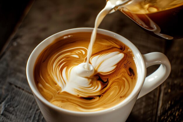 Coffee pouring from a height into a cup milk getting swirled in