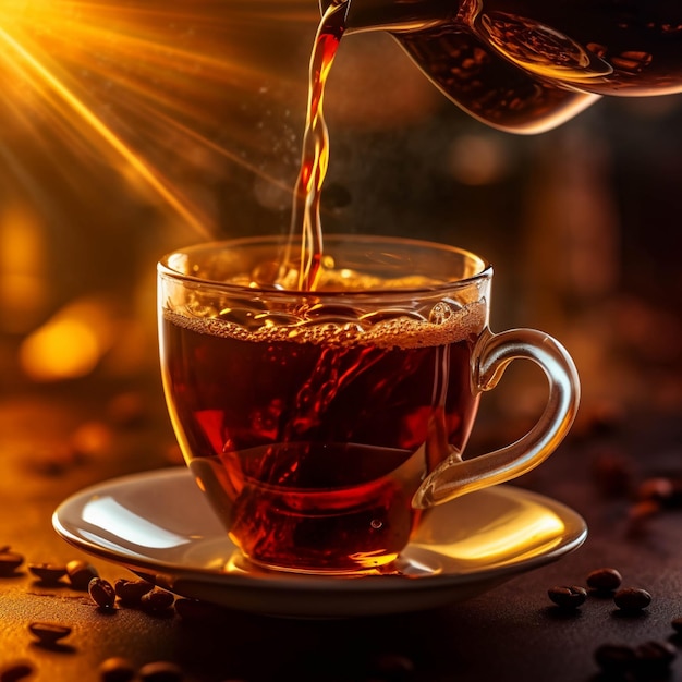 Кофе наливается в чашку на темном фоне с кофейными зернами
