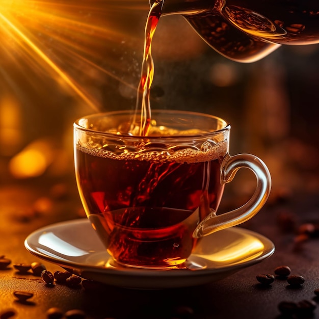 Coffee pouring into a cup on a dark background with coffee beans