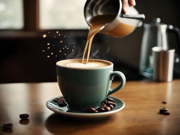 Coffee pouring into cup on wooden table in cafe closeup