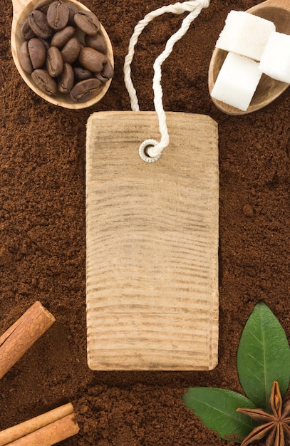 Coffee powder and beans with label as surface texture