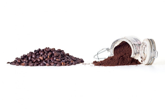 Coffee powder and coffee beans isolated on white