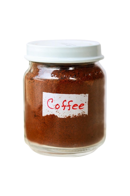 coffee powder in a glass jar isolated on a white background clipping path
