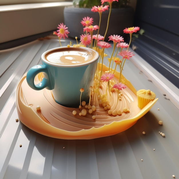 Coffee presentation on a plate with flowers