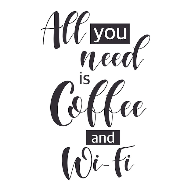 Coffee Quotes. All you need is coffee and wi-fi. Shop promotion motivation. Elements for greeting card, poster, banners, coffee cups and mug, T-shirt, notebook and sticker design