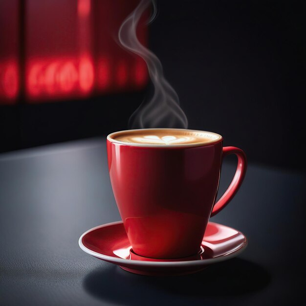 어두운 배경으로 빨간 컵에 커피를