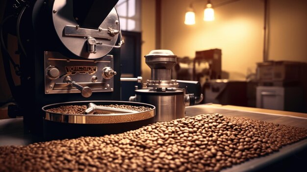 커피 기 현대적 인 장비와 곡물 냉각기와 함께 아로마틱 커피 콩을 배치하는 커피 Bean Roaster 기계 산업 개념 Generative Ai
