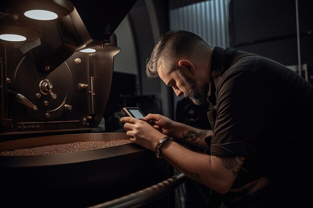 Coffee roaster inspecting a batch of freshly roasted coffee beans with a roasting machine generative