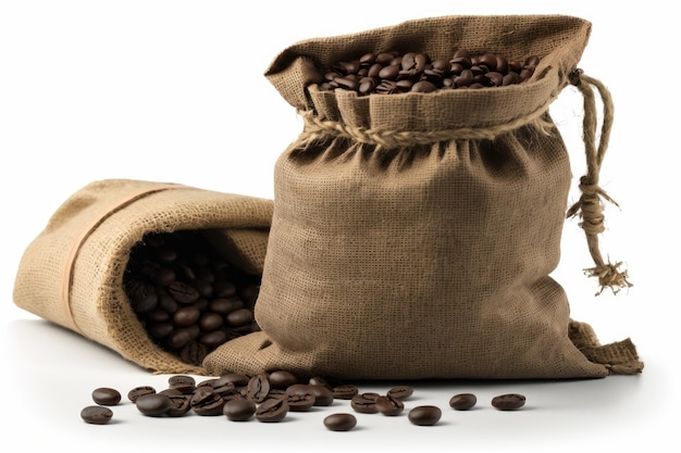 Coffee sack coffee beans and coffee bag on a white background