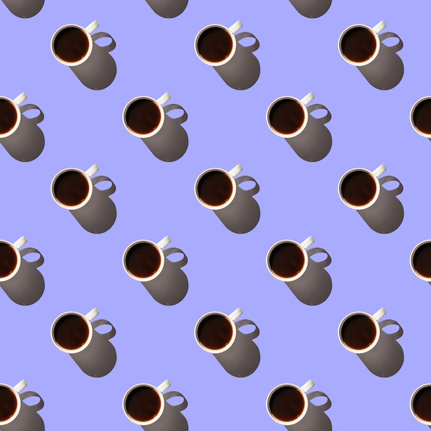 Coffee seamless pattern of a cup of espresso with shadow on purple background flat lay