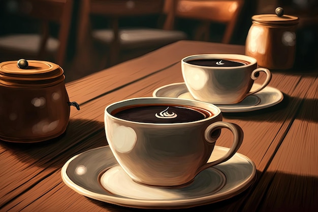 Coffee served in ceramic cups with foam on a wooden table in a cafe