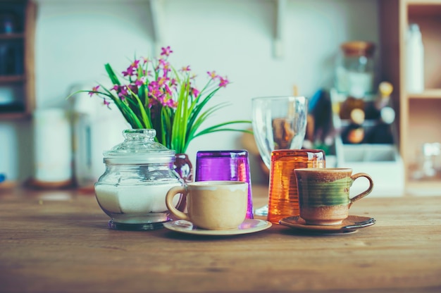 Photo coffee set on wood table copyspace for text kitchen on the background