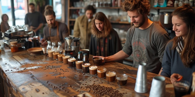 Photo coffee shop bar counter cafe restaurant relaxation concept people doing workshop in cozy coffee shop