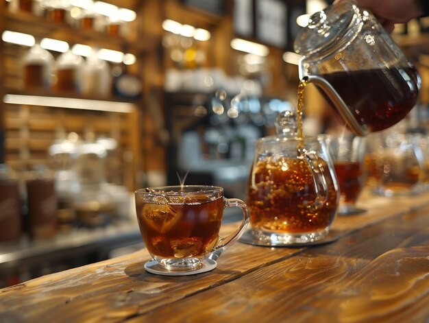 Coffee shop bar and pouring tea and brewing coffee closeup