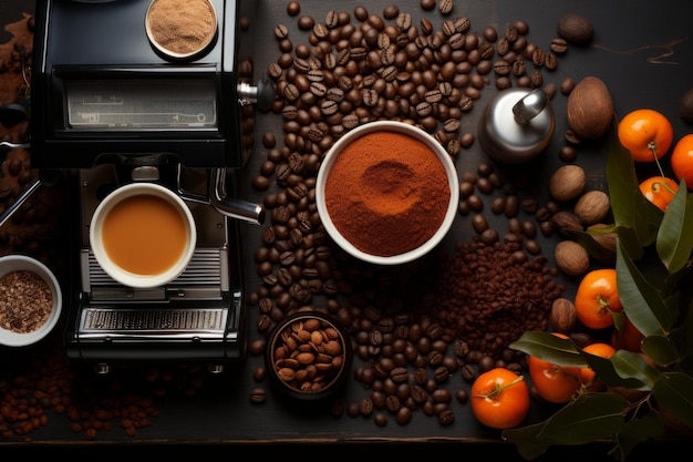 에스프레소 머신 커피 그라인더와 커피 원두를 갖춘 커피숍 바리스타 스테이션 Generative AI