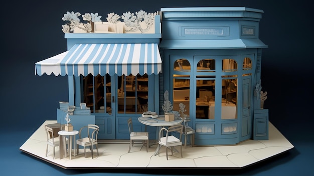 Coffee Shop in Blue Elegant Paper Art