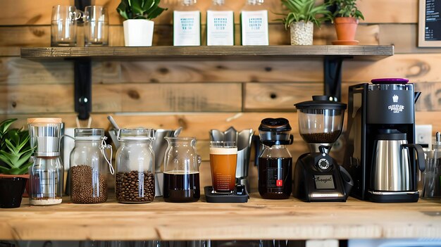 Coffee shop counter Coffee grinder coffee beans and other coffeemaking equipment on a wooden counter